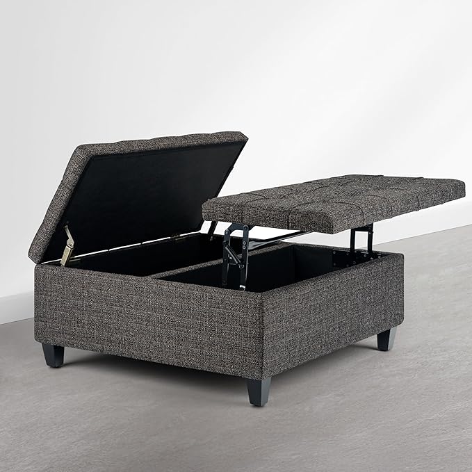 SIMPLIHOME Harrison Coffee Table Storage Ottoman - 36 inch Wide Upholstered Tweed Look Fabric Square Ottoman in Warm Dark Charcoal Melange, Transitional Ottoman for Living Room with Split Lift-Up Lid