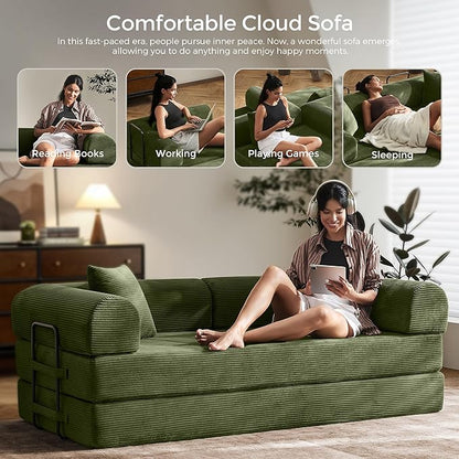 79" Convertible Sofa Bed with Fixed-Shape Frame & Removable Armrests, Modular Corduroy Sleeper Sofa, Folding Mattress Couch for Small Spaces - No Assembly Needed in Green (Includes 2 Pillows)