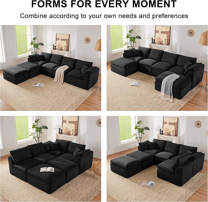 143" Cloud Sectional Couch, Boneless couches for Living Room，U Shaped Couch with Convertible Ottoman, Modular Sectional Sofa with Deep Seat, Comfy Soft Cushions, No Assembly, Black