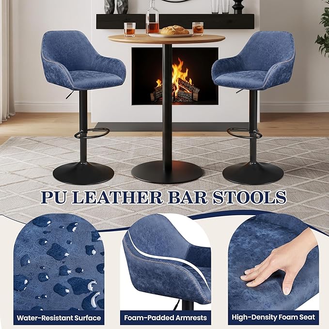 Yaheetech Bar Stools Set of 4, PU Leather Swivel Counter Height Barstools, Adjustable Bar Chairs with Backrest and Footrest, Kitchen Island Stool for Home Kitchen, Blue