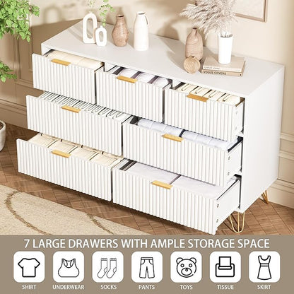 Dresser for Bedroom, Modern Fluted 47.2" Wide Chest of Drawers with Gold Pulls and 7 Drawers, 15.7" D x 47.2" W x 31.4" H, White