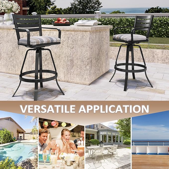 Pellebant 29.5" Outdoor Barstools Set of 2, Aluminum Swivel Patio Bar Height Stools with Back & Footrest, Rust-Proof Tall Bar Stool Chairs for Deck Lawn Garden,Milano Char