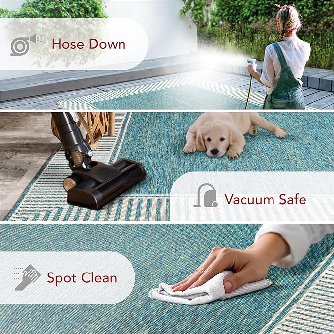 nuLOOM 5' x 8' Outdoor Area Rug, Casual Design With Striped Border, Stain Resistant, Highly Durable, For Patio, Balcony, Bedroom, Living Room, Dining Room, Bathroom, Teal