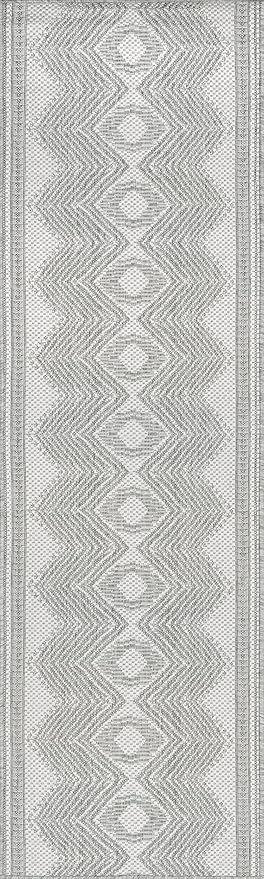 nuLOOM 2' x 8' Outdoor Tribal Geometric Area Rug, Stain Resistant, Weather Resistant, High Traffic, Patio, Balcony, Outside, Ranya Light Grey