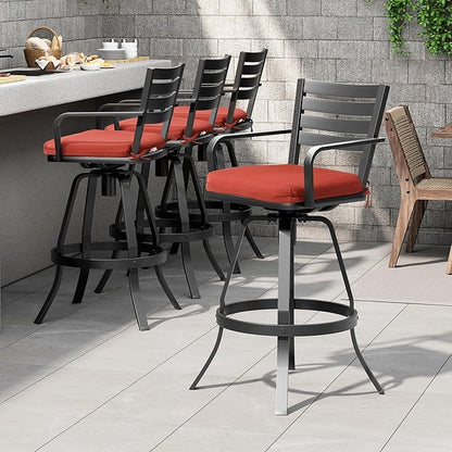 Pellebant Outdoor Bar Stools Set of 4 with Sunbrella Cushion, 29.5" Aluminum Swivel Bar Height Stool Chairs with Back & Footrest, Rust-Proof Patio Bartools for Deck Lawn Garden,Red