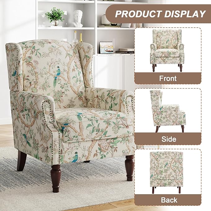 Pia Ricco Set of 2 Floral Accent Chairs, High Back Upholstered Armchairs with Retro Wingback Design, Nailhead Trim & Solid Wood Legs for Living Room Bedroom(Bird Pattern)