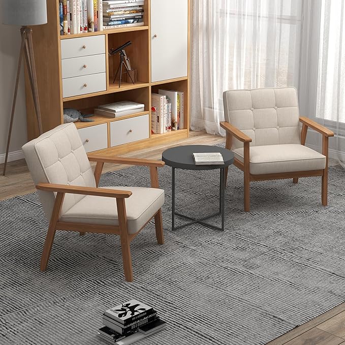KCC Mid-Century Modern Linen Fabric Accent Chair, Upholstered Tufted Leisure Chair Comfy Reading Side Chair with Armrest and Solid Wood Frame for Living Room Bedroom Balcony(Beige)