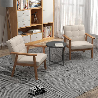 KCC Mid-Century Modern Linen Fabric Accent Chair, Upholstered Tufted Leisure Chair Comfy Reading Side Chair with Armrest and Solid Wood Frame for Living Room Bedroom Balcony(Beige)