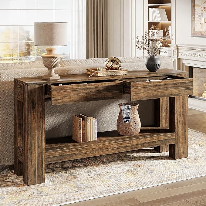 Tribesigns 63" Console Table with 2 Drawers, Farmhouse Entryway Table with Storage Shelf and Sturdy Legs, Wooden Sofa Table for Living Room, Hallway, Entrance (Dark Brown)
