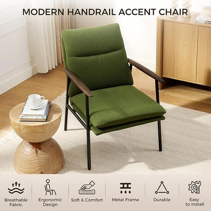 Art Leon Modern Accent Chair - Upholstered Fabric Lounge Chair with Wood Armrests Ergonomic Reading Chair with Metal Frame Living Room Chair for Bedroom, Office Green