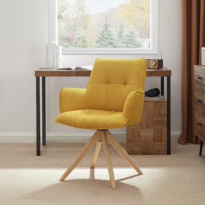 Art Leon Mid Century Modern Swivel Accent Chair - Home Office Desk Chair No Wheels, Fabric Upholstered Armchair with Oak Wood Legs for Small Space Living Room Bedroom, Yellow