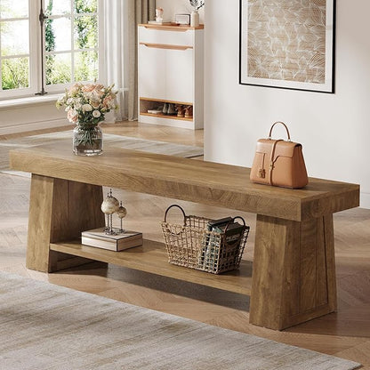 Tribesigns 63" Wooden Entryway Bench with Storage Shelf, Rustic Extra Long Bench, 2-Tier Hallway Bench for Living Room, Bedroom, Kitchen (Rustic Brown)