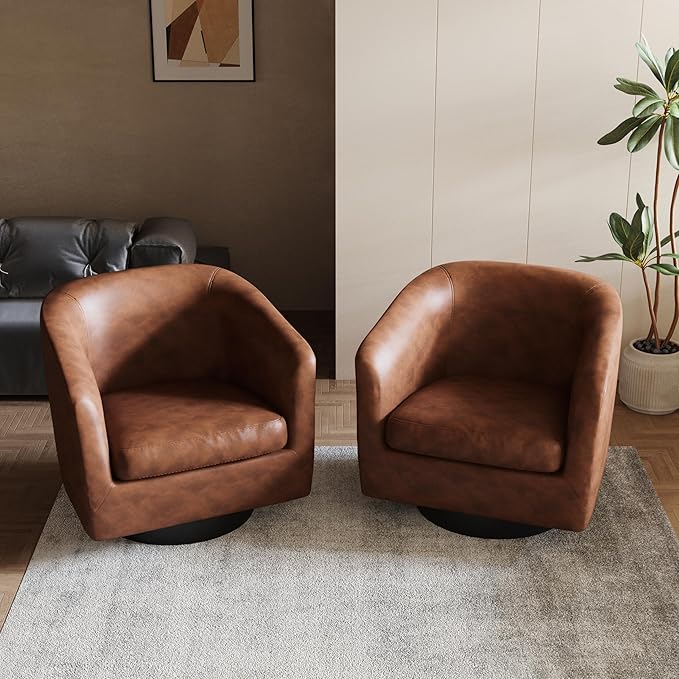 Lumibee Swivel Accent Chairs Set of 2, Faux Leather Swivel Barrel Chairs for Living Room, Modern Comfy Upholstered Round Armchairs Single Sofa Chairs for Bedroom, Club-Coffee