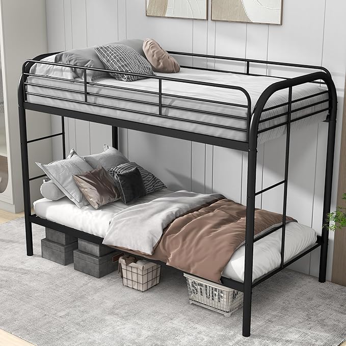 Bunk Bed Twin Over Twin Metal Bunk Bed w/Full-Length Guardrail & Side Ladder, Low Metal Bed Frame for Teens, Girls, Boys, Adults,No Box Spring Needed (C Black)