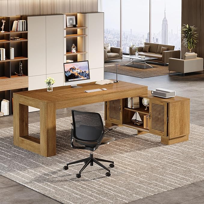 Tribesigns L Shaped Executive Desk with Storage Cabinets and 2-Tier Shelf, 63-Inch Simple Modern Business Furniture Large Computer Writing Table Workstation for Home Office, Dark Brown