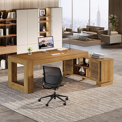 Tribesigns L Shaped Executive Desk with Storage Cabinets and 2-Tier Shelf, 63-Inch Simple Modern Business Furniture Large Computer Writing Table Workstation for Home Office, Dark Brown