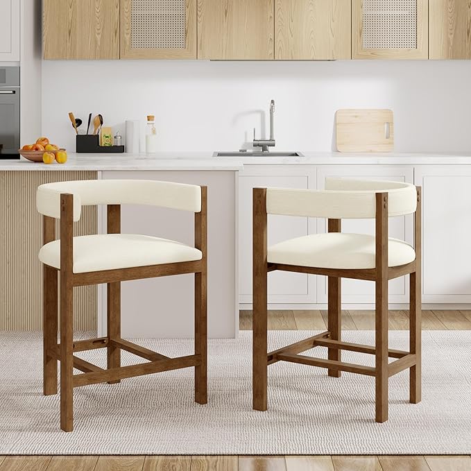 Christopher Knight Home Set of 2 Rylan Modern Fabric Upholstered Dining Room Counter Height Barstools,Kitchen Island Rubberwood Counter Stool,Armchair with Footrest+Curved Backrest,Beige+Walnut
