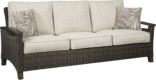 Signature Design by Ashley Paradise Trail Outdoor Patio Sofa with Cushion and 2 Throw Pillows, Cleanable Performance Fabric, Resin Wicker, Brown & Beige