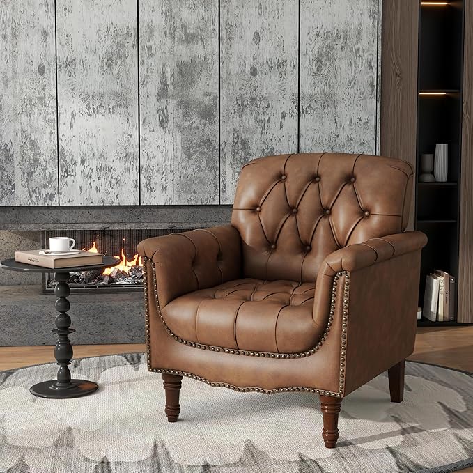 Lumibee Faux Leather Armchair, Contemporary Accent Chair with Nailhead Trims & Wood Legs for Living Room, Upholstered Comfy Arm Chair for Office,Bedroom-Brown