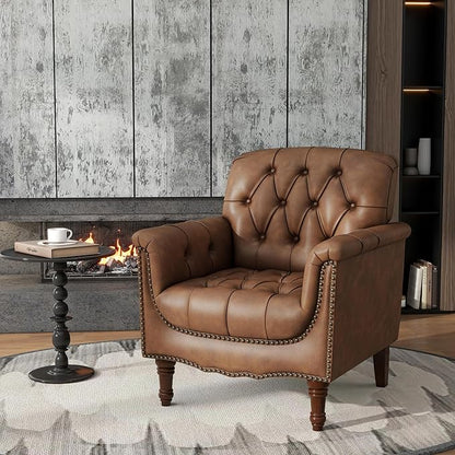 Lumibee Faux Leather Armchair, Contemporary Accent Chair with Nailhead Trims & Wood Legs for Living Room, Upholstered Comfy Arm Chair for Office,Bedroom-Brown