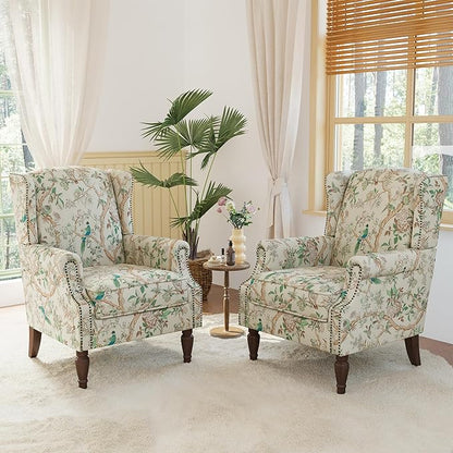 Lumibee High Back Accent Chair Set of 2, Armchair in Fabric,Comfy Upholstered Wingback Single Sofa Reading Chairs with Solid Wood Legs for Living Room,Bedroom,Office-Bird