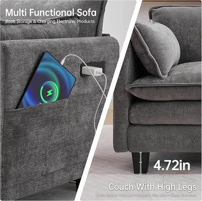 108" Modular Sectional Couches for Living Room with Ottoman, L Shaped Cloud Couch with Charger, USB & Type-c Port, Comfy 4 Seats Sofas with Deep Seat, Chenille Fabric, Darkgrey