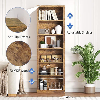 75" Tall Bookshelf, 6-Tier Floor Standing Bookcase with Adjustable Shelves, 24" Wide Open Storage Shelf, Modern Display Organizer for Home Office, Living Room, Bedroom, Study