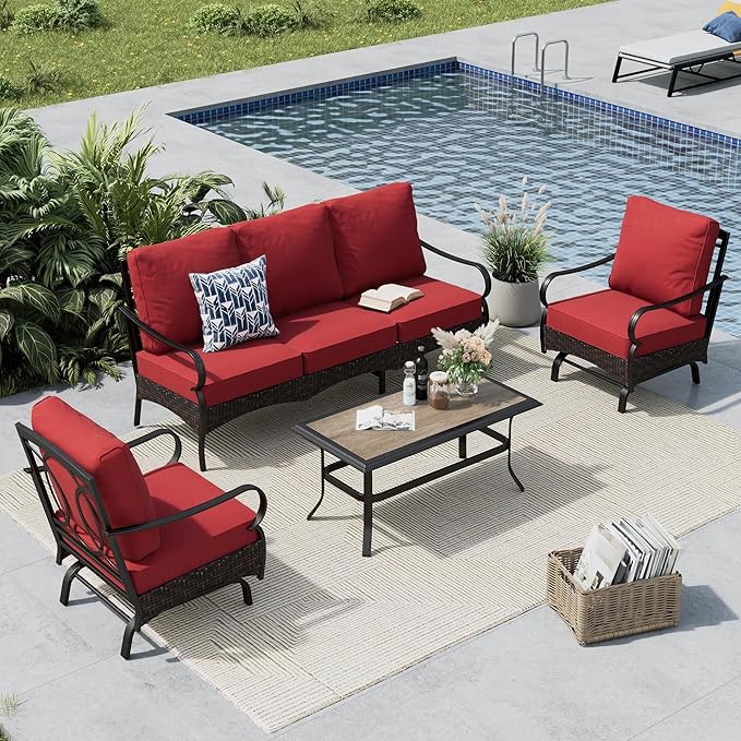 MFSTUDIO 4 Pieces Outdoor Patio Furniture Set, Metal Outdoor Conversation Set, Rattan Wicker Patio Sectional Sofa Set with 2 x Rocking Single Sofa, 3-Seat Sofa, 1 x Coffee Table, Red