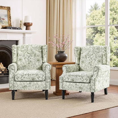 Accent Chair, Upholstered High Back Floral Armchair with Nailhead Trim & Wood Legs, Comfy Wingback Reading Single Sofa Chair for Small Spaces, Living Room, Bedroom