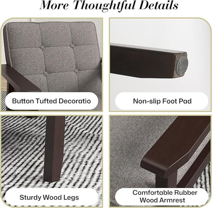 KCC Mid-Century Modern Linen Fabric Accent Chair Set of 2, Upholstered Tufted Leisure Chair Comfy Reading Side Chairs with Armrest and Solid Wood Frame for Living Room Bedroom Balcony(Gray)