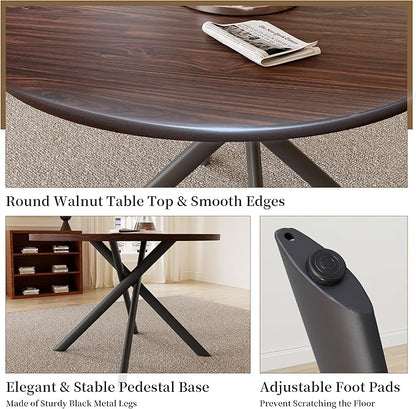 45.3'' Walnut Round Dining Table Set for 4, Mid Century Modern Small Coffee Set for Dining Room Kitchen Apartment (Dark Walnut Table + 4 White Chairs)