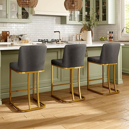 MAISON ARTS Counter Height Bar Stools Set of 3 with Back for Kitchen Counter 24 inch Modern Gold Barstools Upholstered Faux Leather Farmhouse Bar Chairs Island Stools Support 330LBS, Grey+Gold