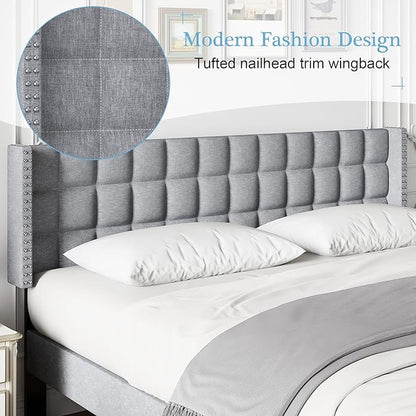 VECELO Headboard King Size, Linen Upholstered Headboards Only with Nailhead Trim Wingback, Square Stitched Design, Adjustable Height from 40" to 49.8", Light Grey