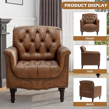UIXE Brown Accent Chair for Living Room, Faux Leather Tufted Arm Chair Retro Upholstered Club Armchair for Bedroom