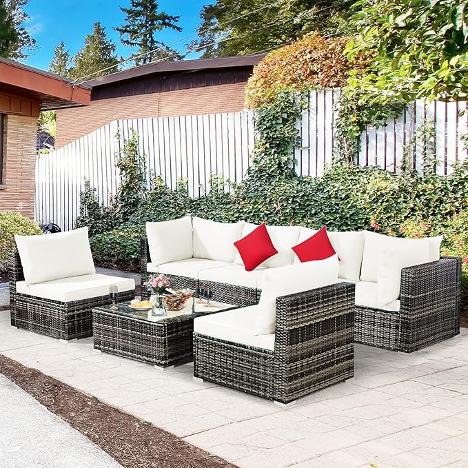 Tangkula 7 Pieces Patio Rattan Furniture Set, Patiojoy Outdoor Conversation Set with Cushions and Tempered Glass Coffee Table, All-Weather Sectional Sofa Set for Garden, Lawn, Backyard (White)