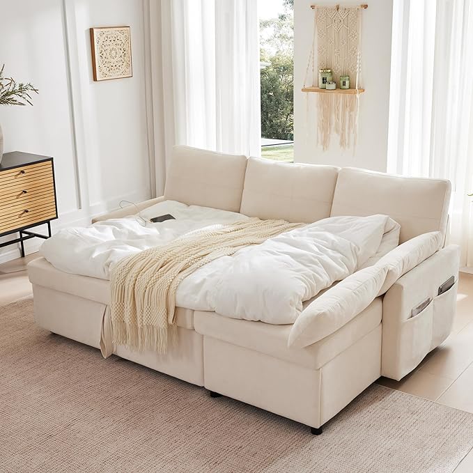 Waxberry Sectional Sofa Couch, Pull Out Couch Sleeper Sofa Bed with Storage for Living Room, Reversible Chaise, Side Pockets & Dual USB/Type-C Ports,Includes 1 Blanket, Beige