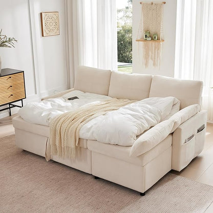 Waxberry Sectional Sofa Couch, Pull Out Couch Sleeper Sofa Bed with Storage for Living Room, Reversible Chaise, Side Pockets & Dual USB/Type-C Ports,Includes 1 Blanket, Beige
