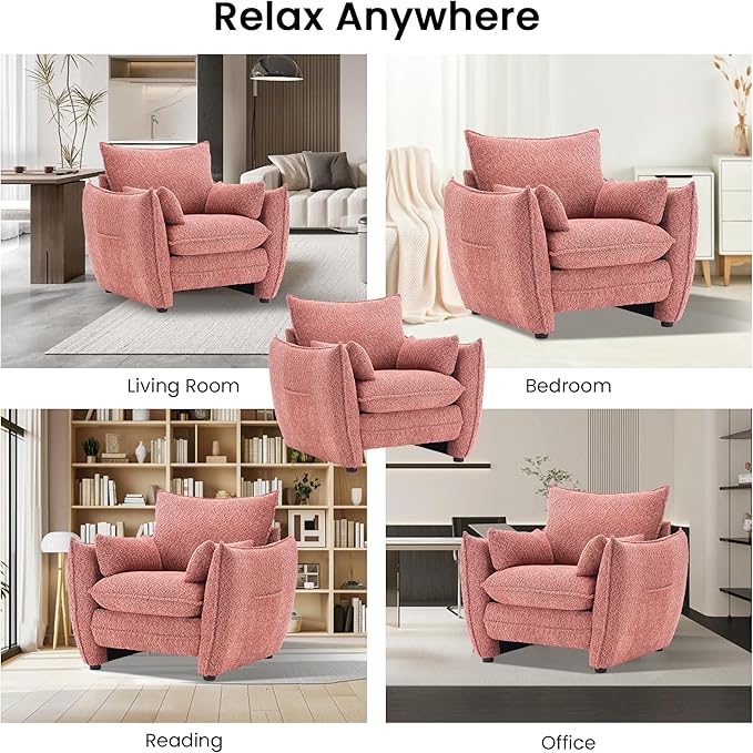 Chenille Oversized Accent Chairs Set of 2, Modern Oversized Armchair with Removable Pillow, Comfy Living Room Chair with Side Pocket Storage for Bedroom, Office, Pink