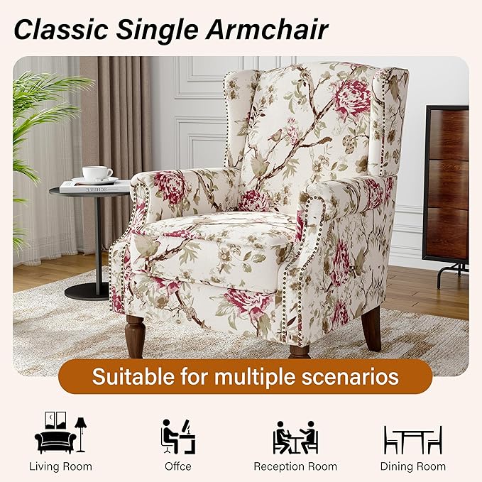Floral Wingback Accent Chair, High Back Upholstered Armchair, Comfy Fabric Wingback Arms Chairs with Solid Wood Legs, Single Sofa Reading Chair for Bedroom Living Room, Beige