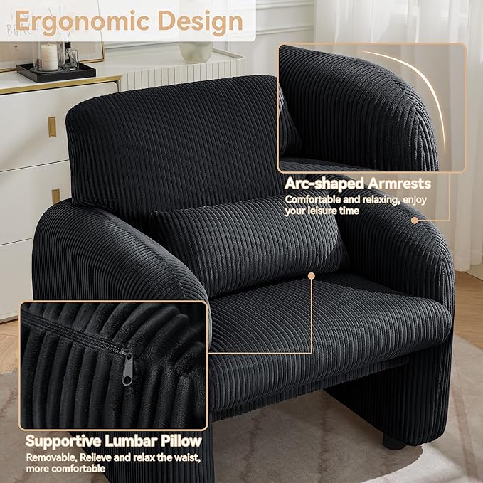 Corduroy Fabric Accent Chair, Modern Upholstered Living Room Chairs with Lumbar Pillow, Wide Comfy Leisure Armchair for Bedroom, Office, Reading, Black
