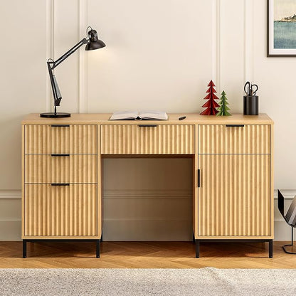 Fluted Executive Desk with File Drawer, 55" Large Computer Desk with Storage and Charging Station, Modern Wooden Home Office Desk for Workspace, Writing, Study, Nautral Oak