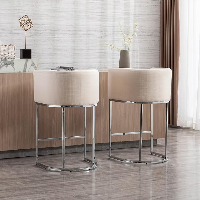 Contemporary Cream Linen Bar Stools Set of 2, 29" Upholstered Fabric Counter Height Barstools Kitchen Counter Island Stools with Screwed Together Chrome Finish Base