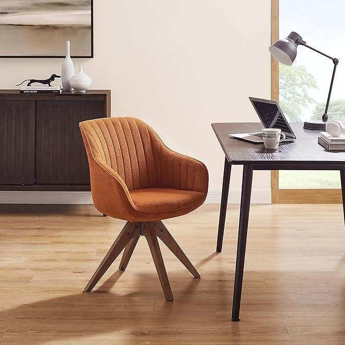 Zouron Mid Century Modern Accent Chair with Oak Wood Legs, Upholstered Swivel Chair No Wheels, Side Accent Armchair Vanity Chair for Small Space Home Office Living Room Bedroom, Caramel