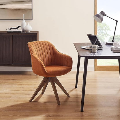 Zouron Mid Century Modern Accent Chair with Oak Wood Legs, Upholstered Swivel Chair No Wheels, Side Accent Armchair Vanity Chair for Small Space Home Office Living Room Bedroom, Caramel