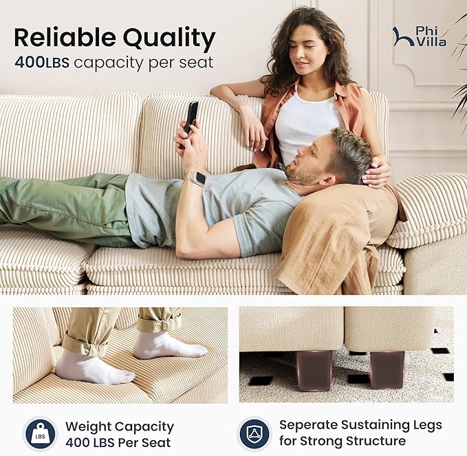 PHI VILLA Cloud Modular Couches Sets, 2 Pieces Sectional Loveseat Sofa Set, 4-Seater Comfy Couch for Living Room Small Spaces, Chenille Corduroy Dual Fabric, Beige