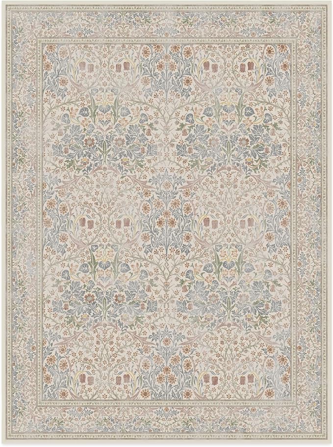 RUGGABLE x Morris & Co Washable Area Rug – Blackthorn Ivory Blue 9x12, Stain-Resistant, Non-Slip – Large Machine Washable Rugs for Living Room, Bedroom, Hallway, Entryway & Office–with Cushioned Pad