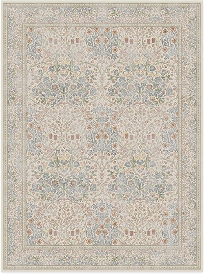 RUGGABLE x Morris & Co Washable Area Rug – Blackthorn Ivory Blue 9x12, Stain-Resistant, Non-Slip – Large Machine Washable Rugs for Living Room, Bedroom, Hallway, Entryway & Office–with Standard Pad