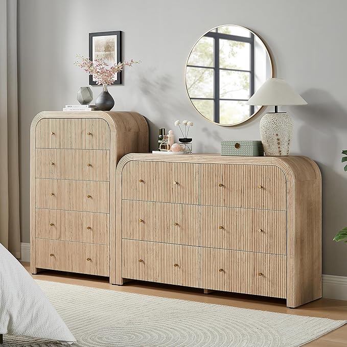 T4TREAM Fluted 5 Drawers Dresser, 48" Tall Modern Chest of Drawers with Thickened Curved Profile Design, Wood Closet Clothes Storage Organizer for Bedroom, Living Room, Hallway, Natural Oak