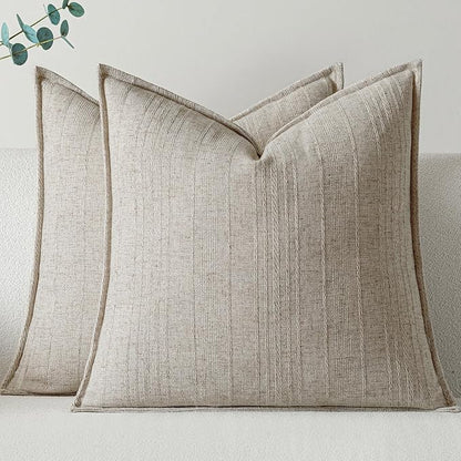a moment Linen Pillow Covers Set of 2,Boho Farmhouse Throw Pillowcases Neutral Textured Decorative Covers for Couch Sofa Bed, Soft Linen Blend Accent Case Cushion Living Room Home Decor 20"x20"Khaki