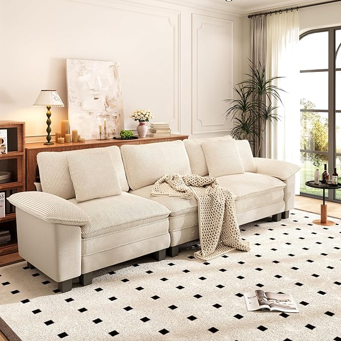 PHI VILLA Cloud Modular Couches Sets, 123.6" Long Sectional Sofa with Upholstered Deep Seat, 3-Seater Couch for Living Room Small Spaces, Chenille Corduroy Dual Fabric, Beige